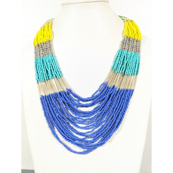The Unbranded Brand Jewelry - Colorful Multistrand Glass Seed Bead Necklace 24" Blue Yellow‎ Green